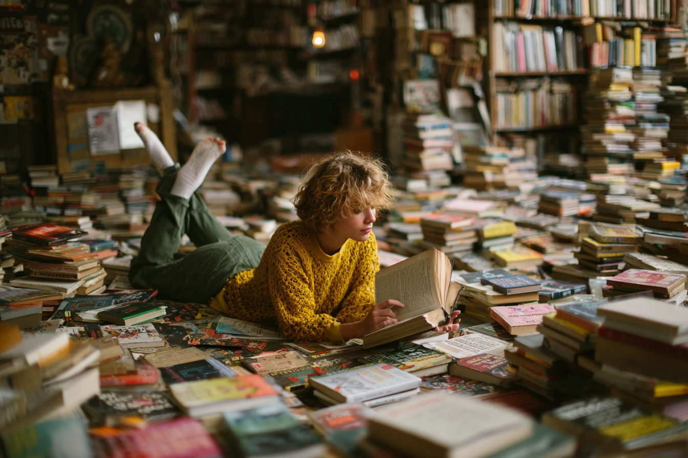 reader lounging on books